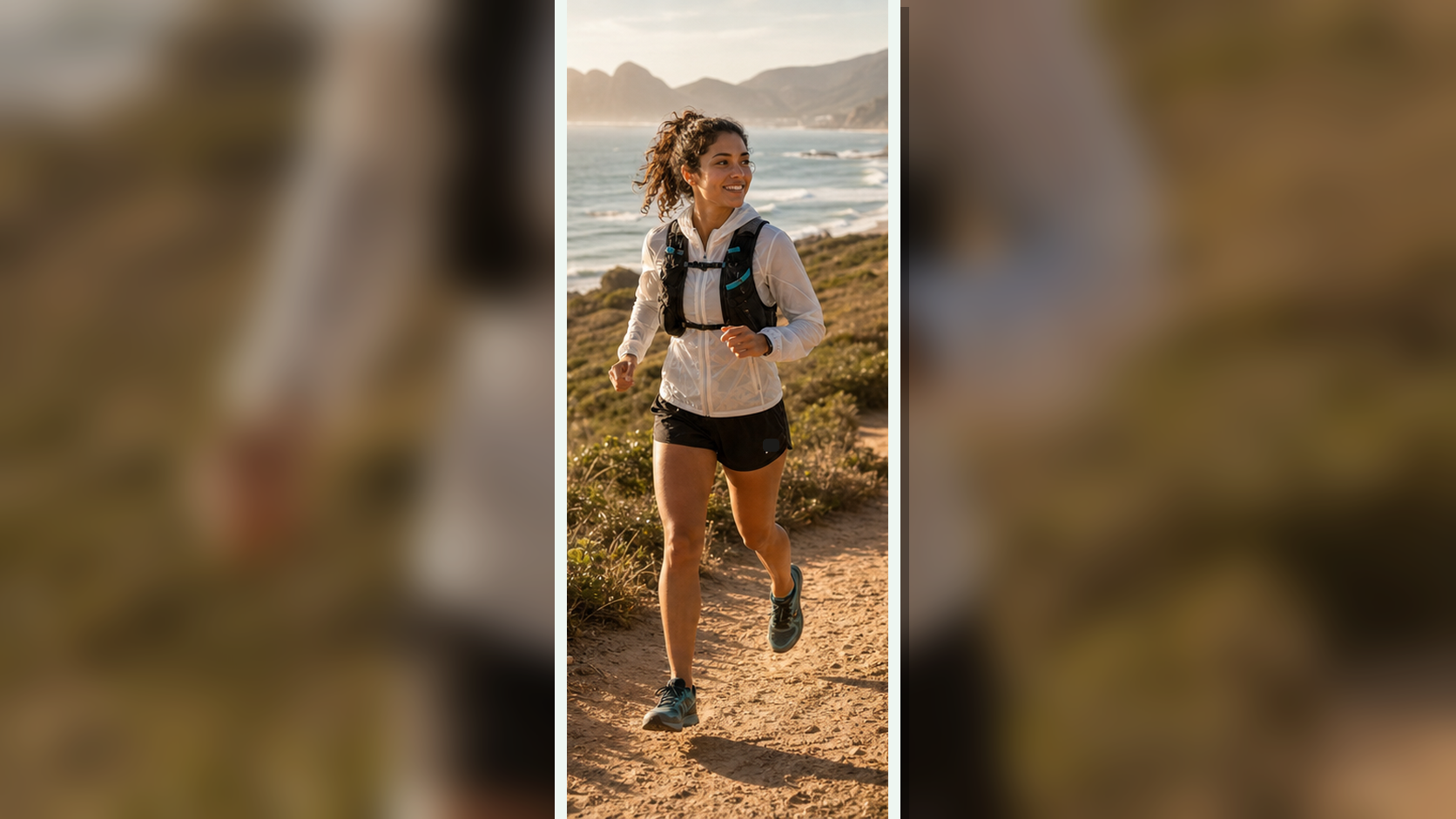 Lia Costa runs a sandy dune trail above the beach with the ocean behind her.