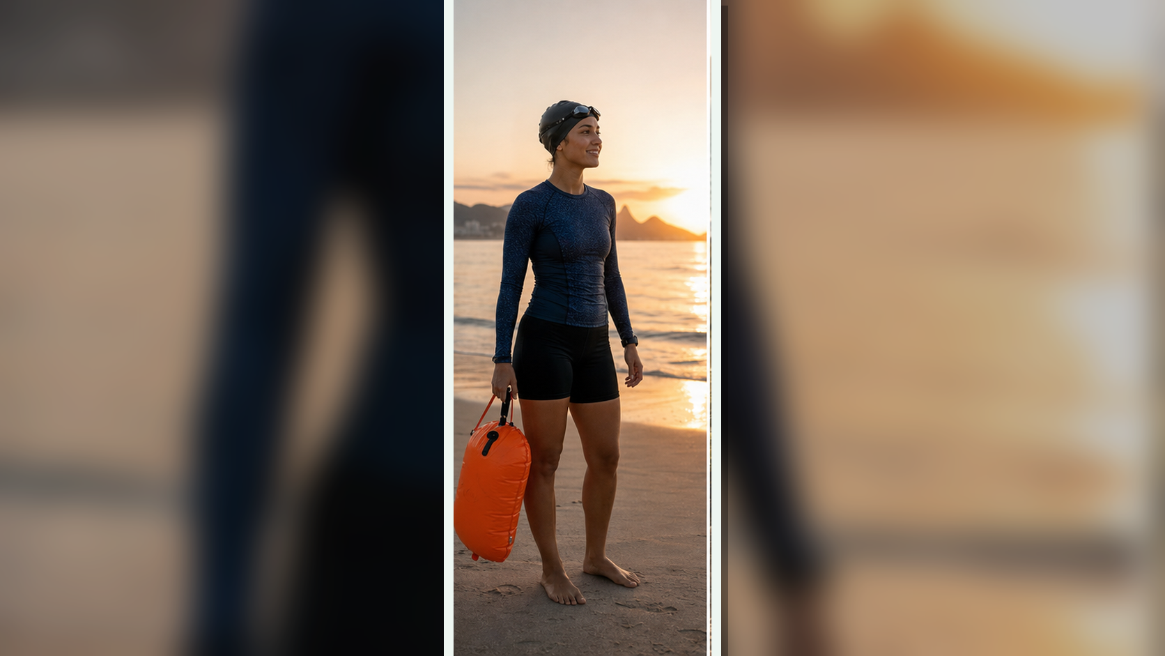 Lia Costa prepares for an open-water swim at sunrise with a bright safety buoy.