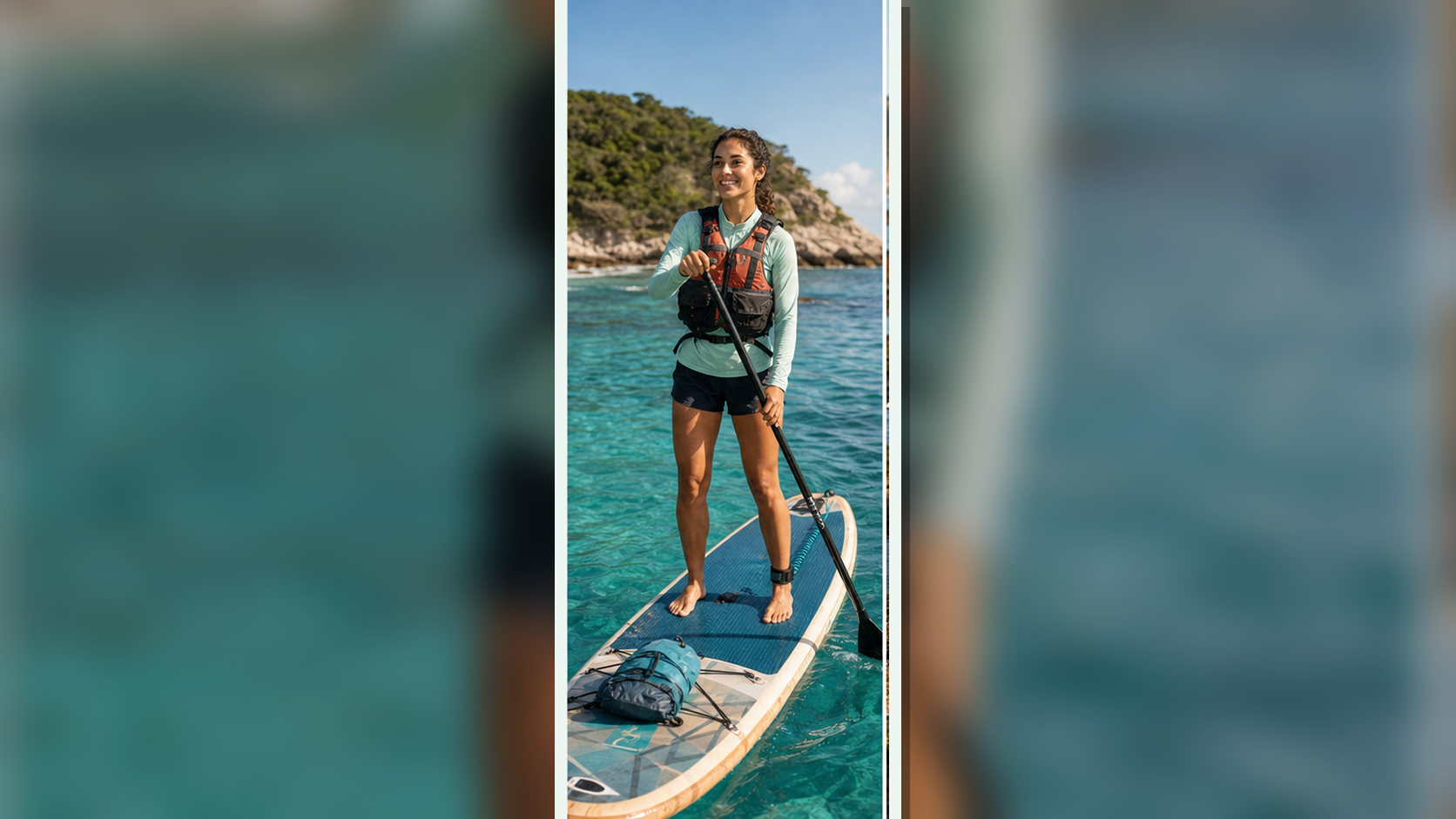 Lia Costa paddles a stand-up board through calm turquoise coastal water.
